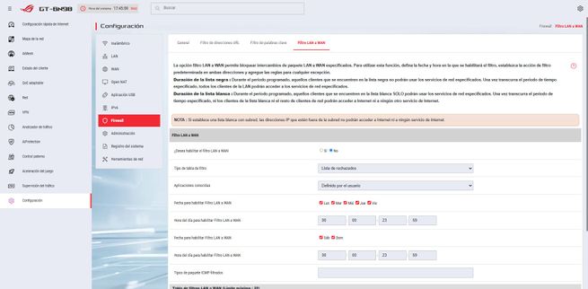Interfaz del menú Filtro LAN a WAN en el firmware ASUSWRT para la gestión de tráfico saliente.