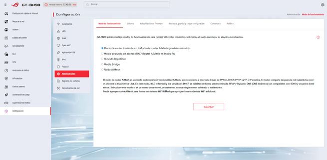 Interfaz de administración web de un router ASUS ROG Rapture GT-BN98 mostrando el menú de configuración de red.