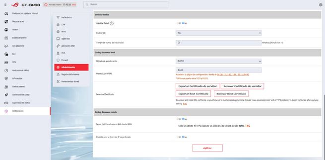 Sección de configuración de servicios del sistema en el firmware de un router ASUS GT-BN98.