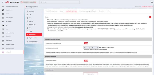 Menú de actualización de firmware y configuración del sistema en un router ASUS GT-BN98.