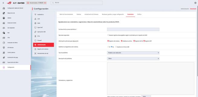 Panel de administración del router ASUS GT-BN98 mostrando los ajustes del registro del sistema y niveles de seguridad.
