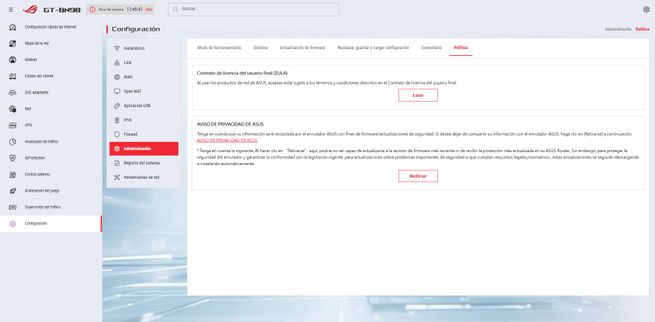 Panel de configuración de privacidad y avisos legales en el firmware del router ASUS GT-BN98.