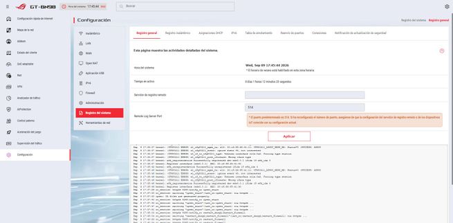 Interfaz de administración del firmware ASUS ROG GT-BN98 mostrando el panel de configuración del sistema.