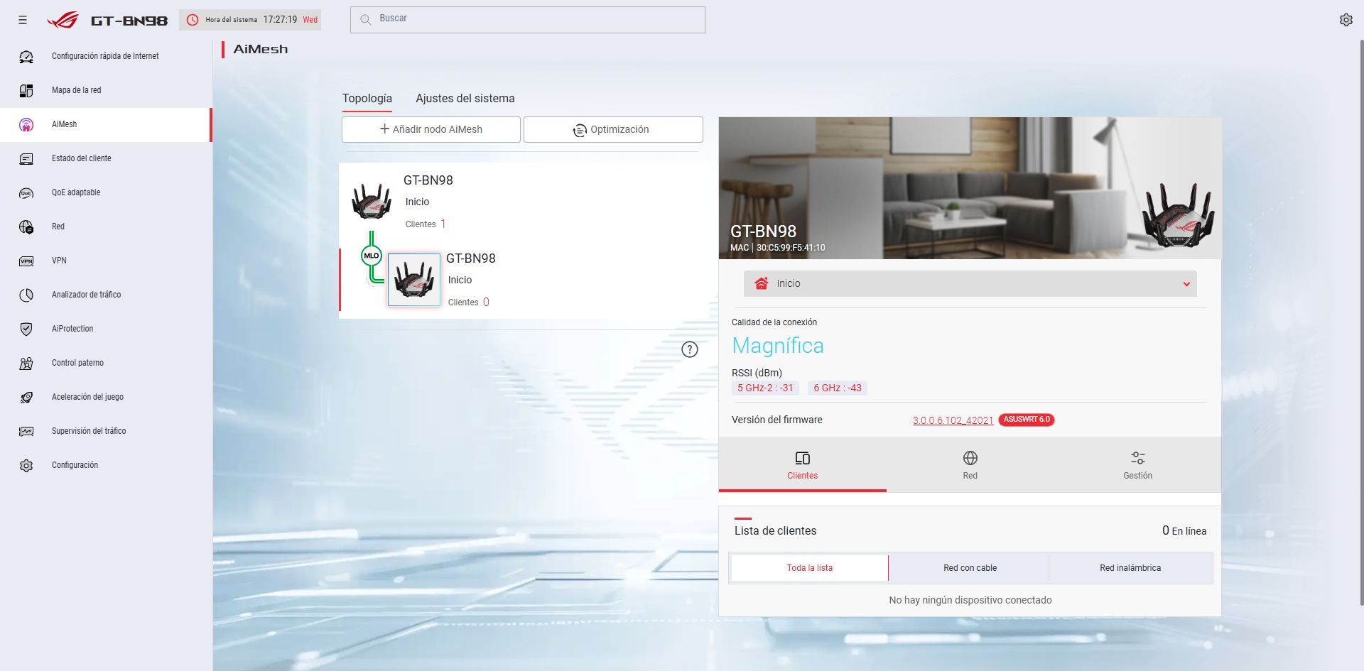 Interfaz de configuración AiMesh en el firmware del router ASUS GT-BN98 mostrando la topología y calidad de conexión de los nodos.