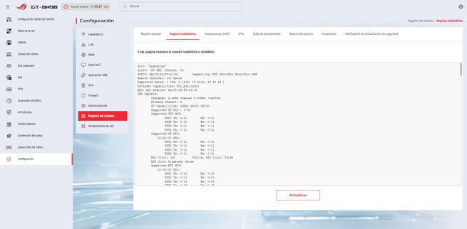 Sección del registro inalámbrico en el panel de control del router ASUS GT-BN98.