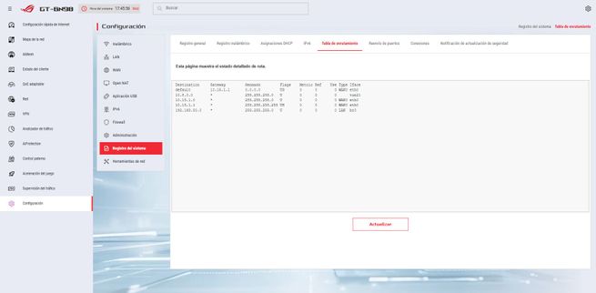 Tabla de enrutamiento estático en la interfaz web del router ASUS GT-BN98.