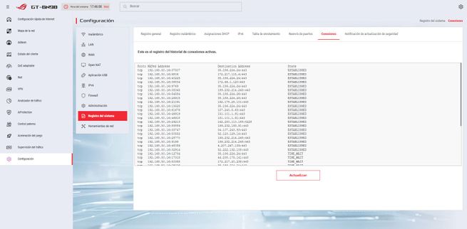 Sección del registro de transferencias de datos en la interfaz del ASUS GT-BN98.