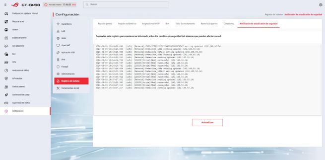 Detalle del registro de actividades en el firmware del router ASUS GT-BN98.