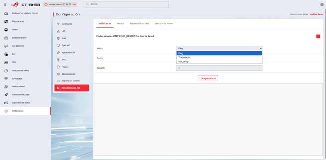 Interfaz de configuración del firmware de un router ASUS ROG Rapture GT-BN98 mostrando el menú de ajustes de red.