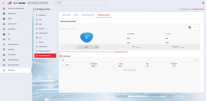 Herramienta de prueba de velocidad de Internet integrada en el panel del ASUS GT-BN98.