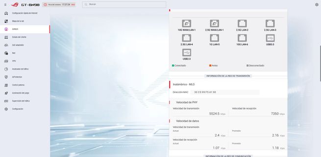 Estado de los puertos Ethernet y estadísticas de velocidad en el firmware del router ASUS GT-BN98.