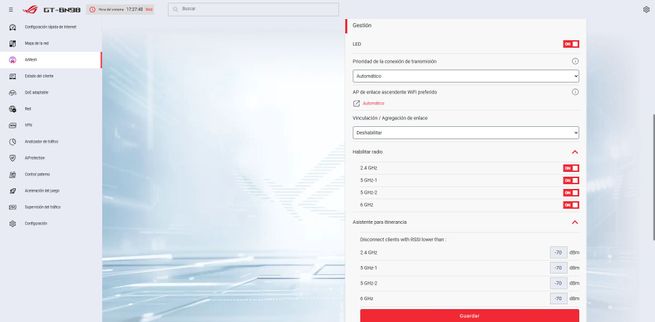 Menú de configuración avanzada de la red Wi-Fi en el firmware del router ASUS GT-BN98.