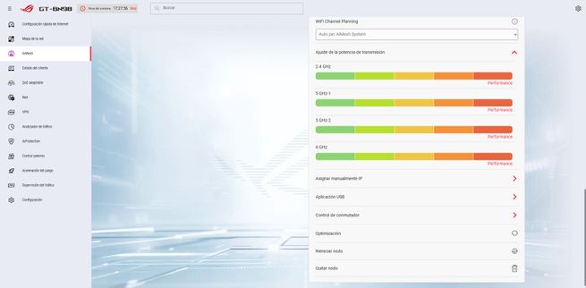 Sección de control de potencia de transmisión Wi-Fi en AiMesh de ASUS.
