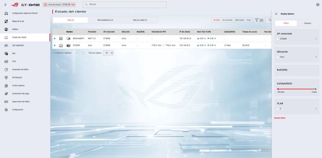 Menú de configuración de red en el firmware del router ASUS GT-BN98 con opciones de visualización de clientes.