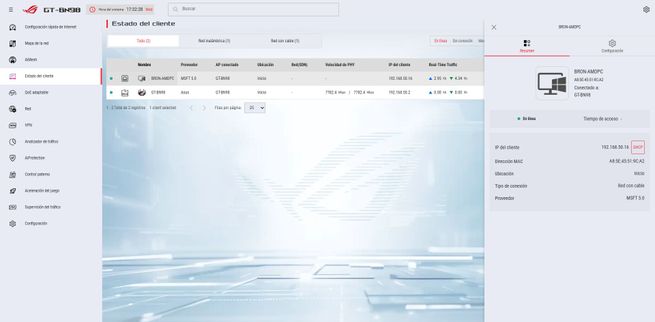 Detalle del estado de un cliente específico en la interfaz de gestión del router ASUS GT-BN98.