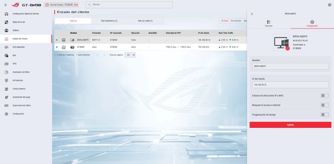 Sección de visualización de clientes en la interfaz ROG del router ASUS GT-BN98 con opciones de gestión de red.
