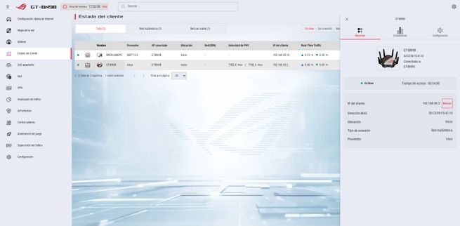 Interfaz del firmware ASUS GT-BN98 mostrando la tabla de dispositivos conectados en el menú Estado del cliente.