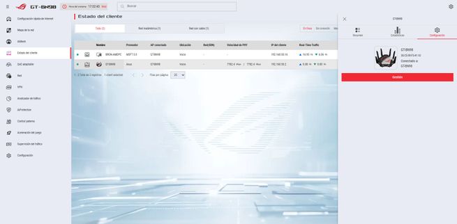 Vista general de la lista de dispositivos conectados y panel de información en el firmware del ASUS GT-BN98.