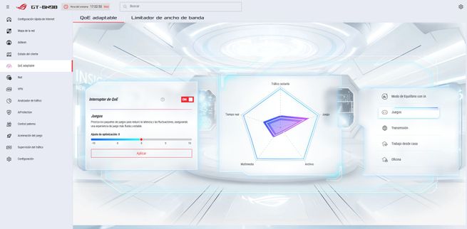 Panel de control del firmware ASUS GT-BN98 con ajustes de QoS adaptable y gráfico de rendimiento de red.