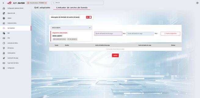 Menú de configuración del limitador de ancho de banda en el firmware del ASUS GT-BN98.