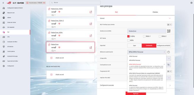 Panel de administración del firmware ASUS GT-BN98 con opciones de configuración de red inalámbrica y seguridad WPA3.