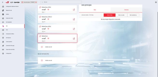 Sección de gestión de redes Wi-Fi en el firmware ASUS GT-BN98 con listado de redes disponibles.
