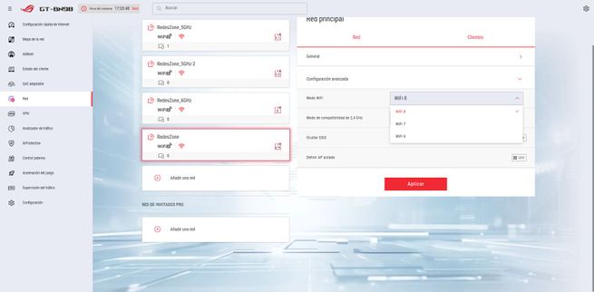 Menú de configuración principal del firmware ASUS GT-BN98 con selección de bandas y parámetros de red Wi-Fi.
