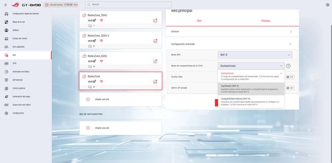 Ajustes de redes inalámbricas adicionales en la interfaz de gestión del router ASUS GT-BN98.
