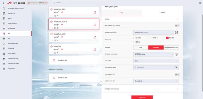 Detalle de los ajustes avanzados de seguridad y SSID en el firmware del router ASUS GT-BN98.