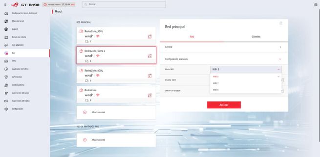 Interfaz web del router ASUS GT-BN98 mostrando el menú lateral de navegación y el ajuste de modo Wi-Fi en la red principal.