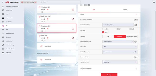 Configuración de red principal en el firmware del router ASUS GT-BN98 con selección de bandas de frecuencia.