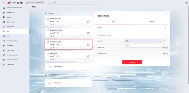 Panel de control del firmware de ASUS GT-BN98 para la gestión de redes inalámbricas principales y de invitados.
