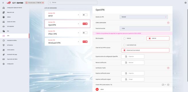 Panel de configuración de VPN en la interfaz del firmware de un router ASUS ROG Rapture GT-BN98.
