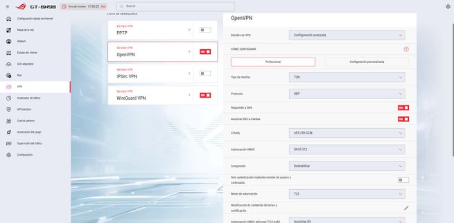 Formulario de ajustes avanzados para OpenVPN en la interfaz de gestión de un router ASUS.