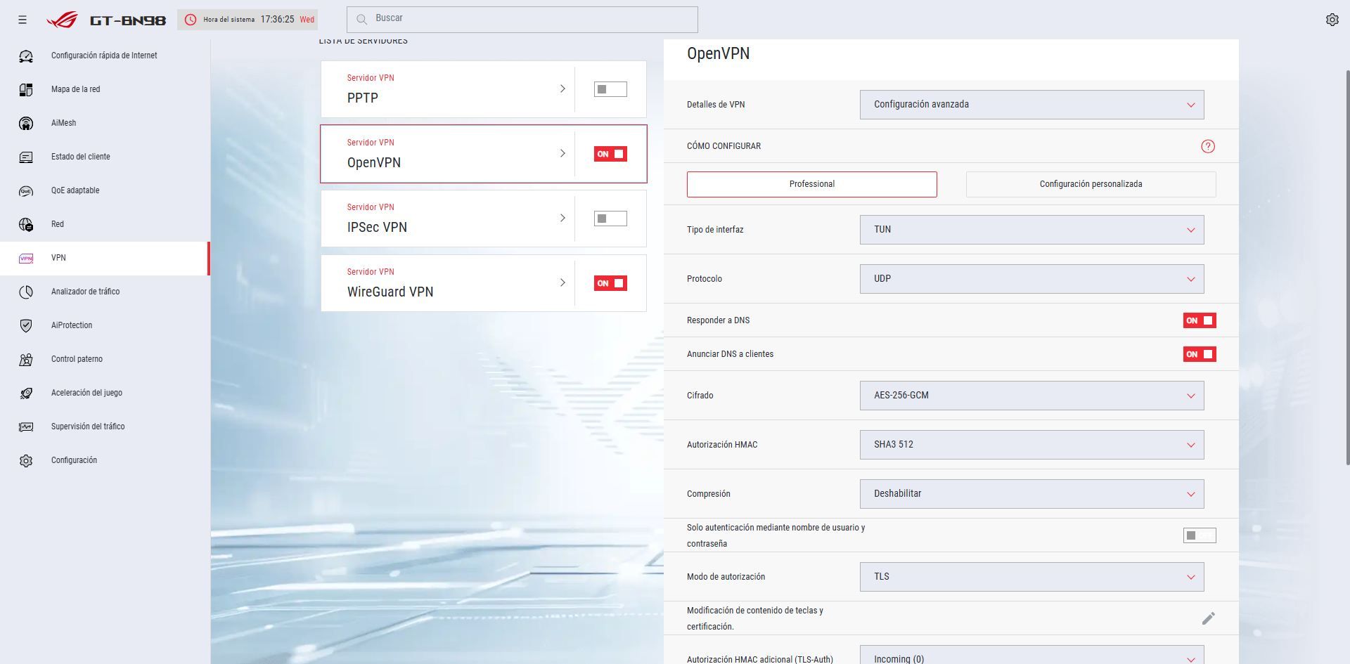 Formulario de ajustes avanzados para OpenVPN en la interfaz de gestión de un router ASUS.