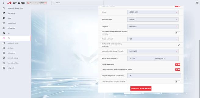 Sección de configuración de servidor VPN WireGuard en la interfaz web de un router ASUS GT-BN98.