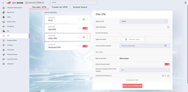 Interfaz de usuario del router ASUS GT-BN98 mostrando el menú de configuración para el servidor IPSec VPN.