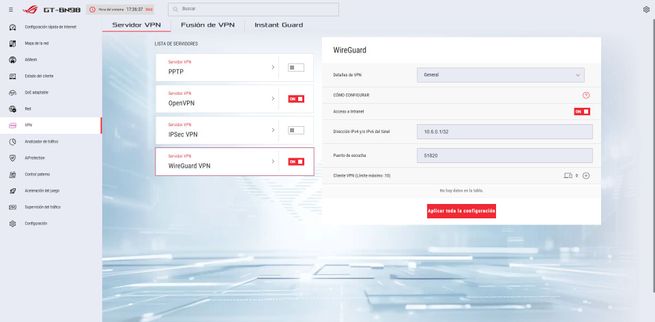 Panel de administración del router ASUS GT-BN98 con la lista de protocolos VPN activos y configuración de túnel WireGuard.