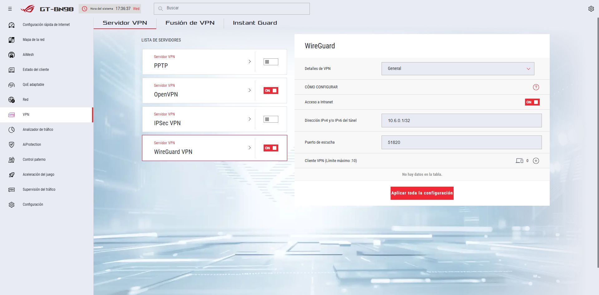 Panel de administración del router ASUS GT-BN98 con la lista de protocolos VPN activos y configuración de túnel WireGuard.