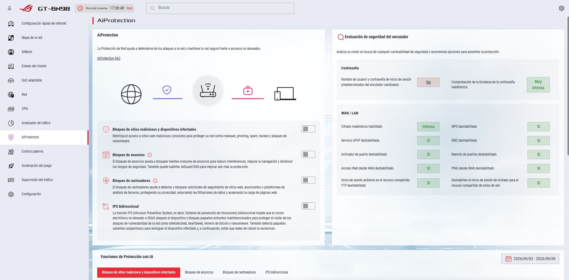 Interfaz de configuración AiProtection en el firmware de un router ASUS ROG.