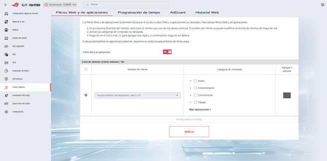 Interfaz de configuración de filtros web y de aplicaciones en el firmware del router ASUS GT-BN98.