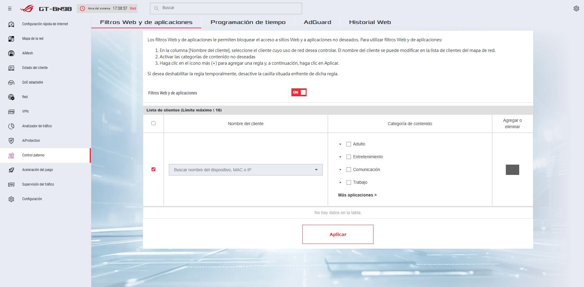 Interfaz de configuración de filtros web y de aplicaciones en el firmware del router ASUS GT-BN98.