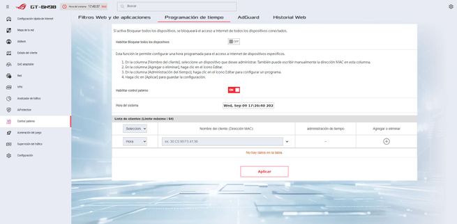 Sección de programación de tiempo en el firmware del router ASUS GT-BN98 para el control parental.