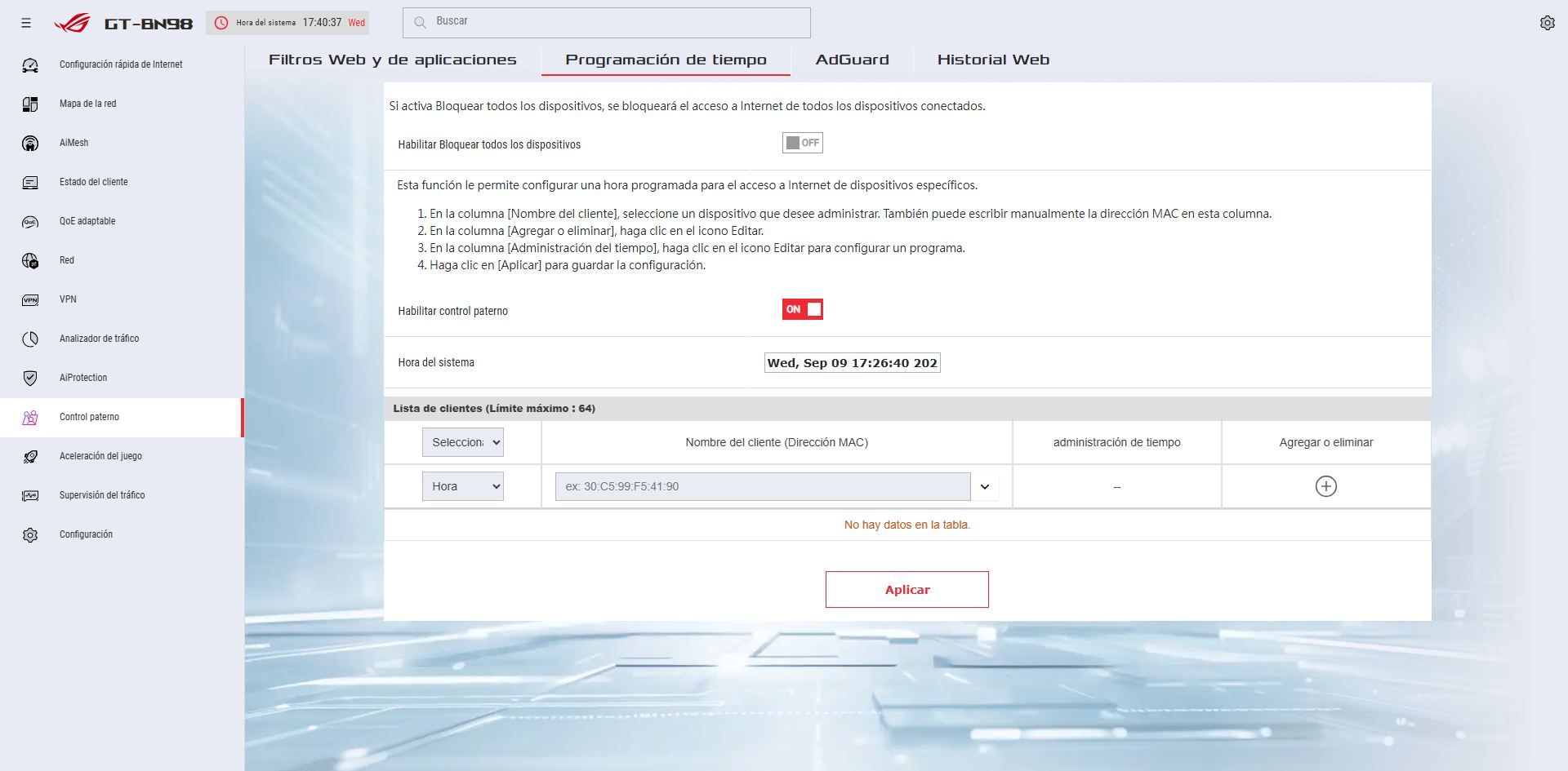 Sección de programación de tiempo en el firmware del router ASUS GT-BN98 para el control parental.