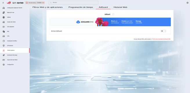 Pestaña AdGuard en la interfaz de gestión del router ASUS GT-BN98.