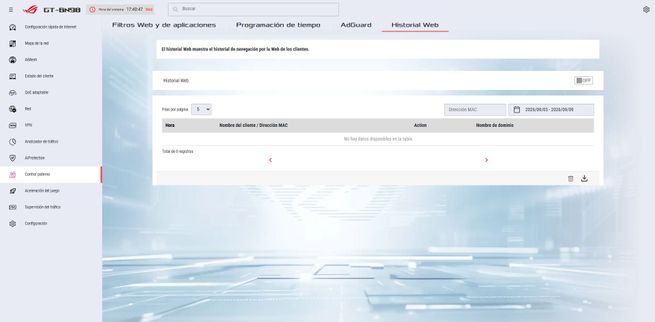 Apartado Historial Web dentro de la interfaz de usuario del router ASUS GT-BN98.