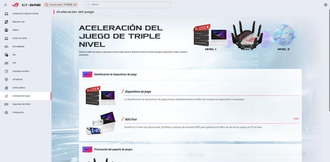 Interfaz del firmware de un router ASUS ROG con el menú de Aceleración del Juego de Triple Nivel.