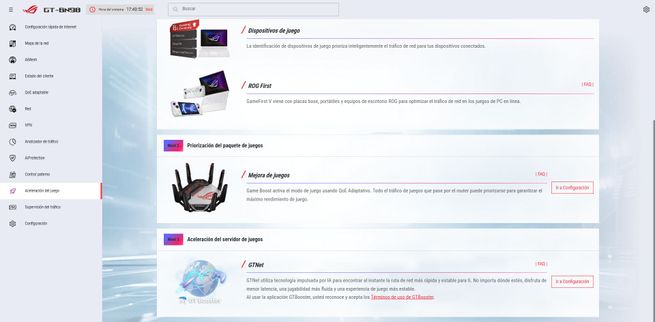 Menú de configuración de aceleración de juegos en el firmware ASUS GT-BN98 con opciones para dispositivos, ROG First y Game Boost.