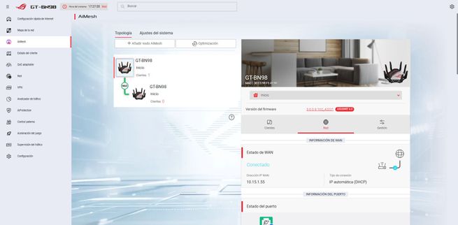 Detalle del estado del sistema y configuración de nodos en el firmware ASUS GT-BN98.
