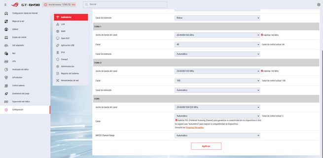 Interfaz de administración avanzada del firmware ASUS GT-BN98 con opciones de red para bandas de 2.4, 5 y 6 GHz.